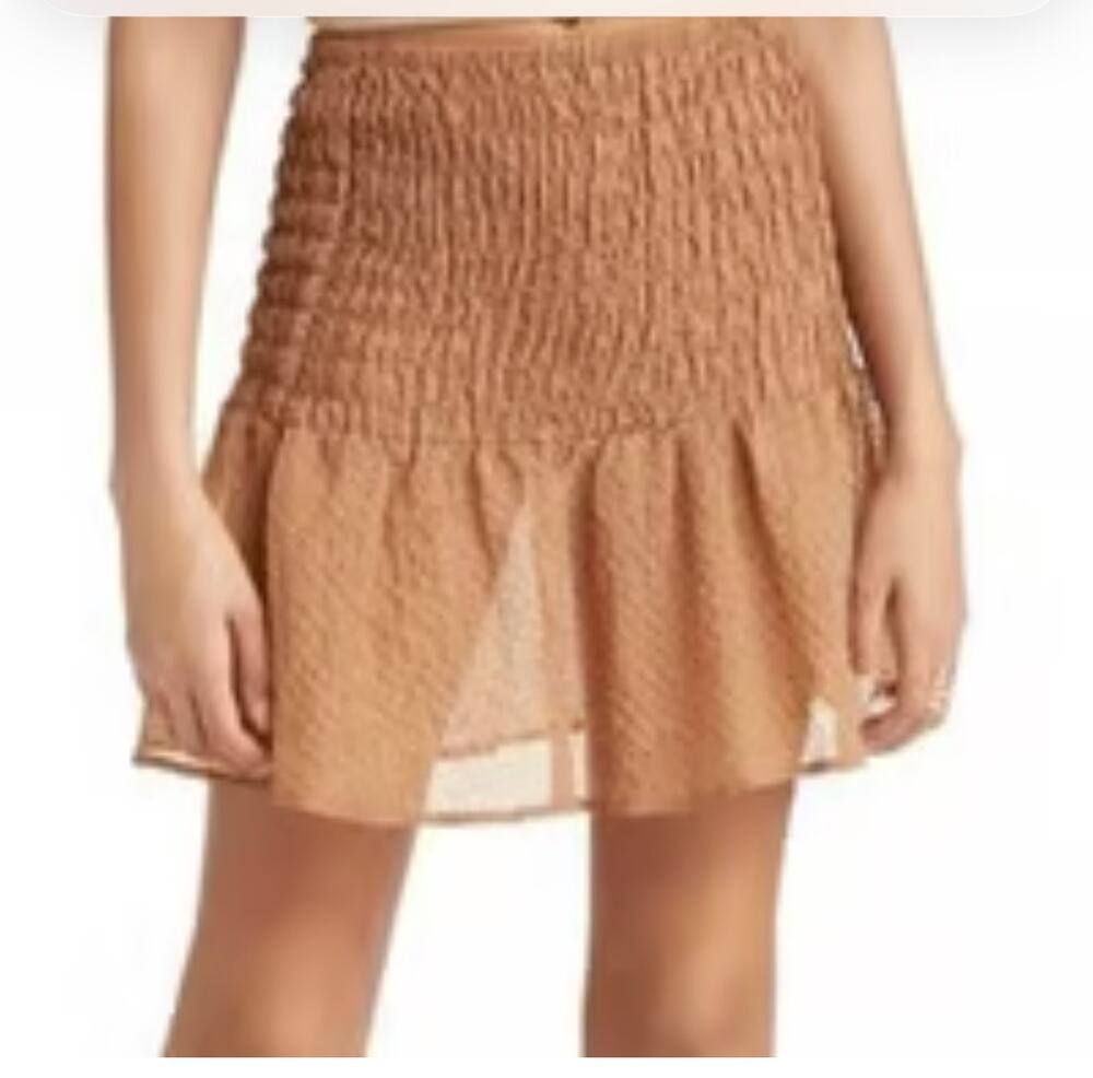Open Edit Mini Skirt Sheer Fabric Smocked Elastic Waist Ruffled Hem Brown S NWOT